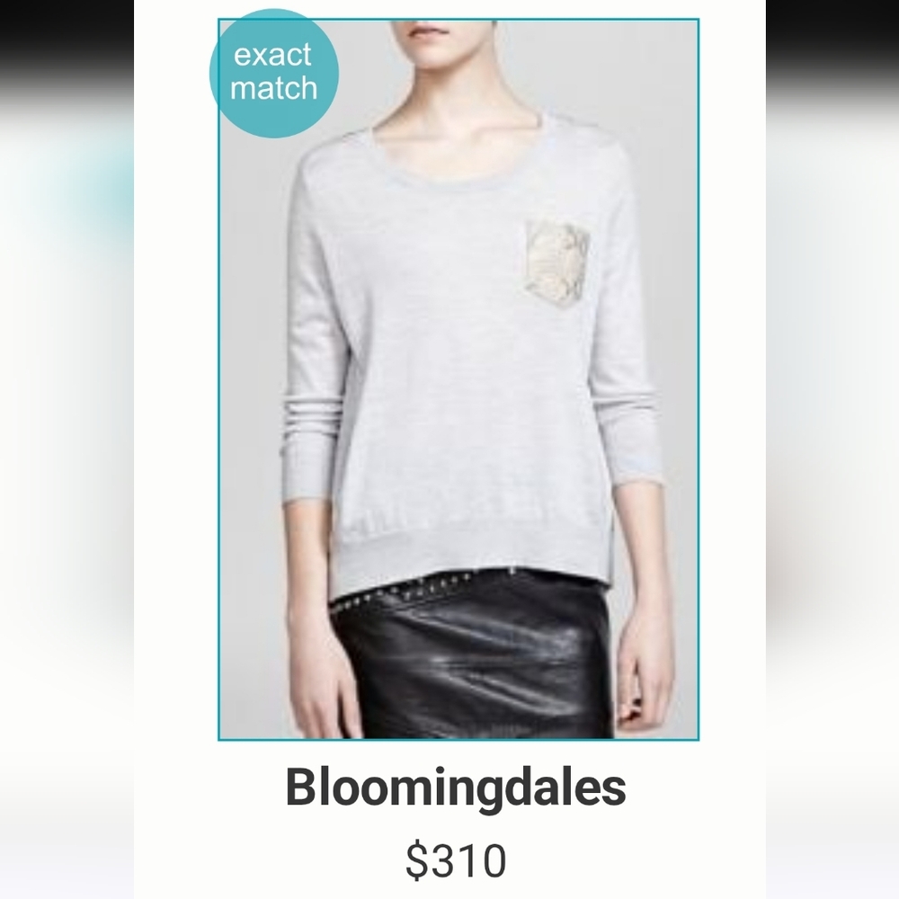 The Kooples Light Gray Merino Wool Sweater with Tan Pig Skin Pocket